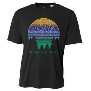 National Parks List Word Cloud Sunset Trees Men Women Kids Cooling Performance Crew T-Shirt