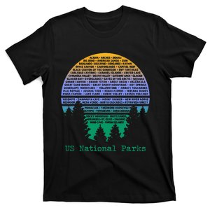 National Parks List Word Cloud Sunset Trees Men Women Kids T-Shirt