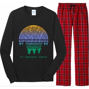 National Parks List Word Cloud Sunset Trees Men Women Kids Long Sleeve Pajama Set