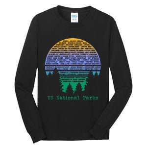 National Parks List Word Cloud Sunset Trees Men Women Kids Tall Long Sleeve T-Shirt