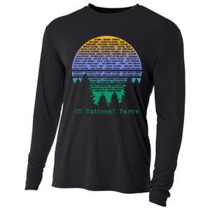 National Parks List Word Cloud Sunset Trees Men Women Kids Cooling Performance Long Sleeve Crew