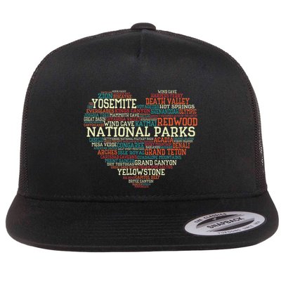 National Parks List Word Cloud Heart Camping Flat Bill Trucker Hat