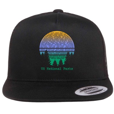 National Parks List Word Cloud Sunset Trees Flat Bill Trucker Hat