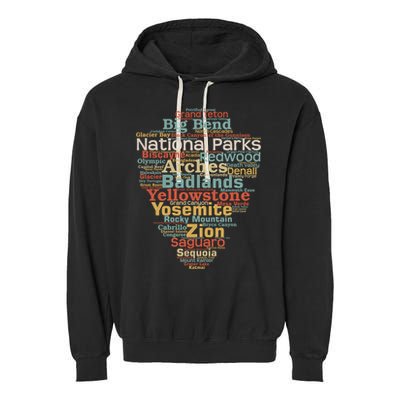 National Parks List Word Cloud Camping Hiking Gift Garment-Dyed Fleece Hoodie
