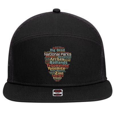 National Parks List Word Cloud Camping Hiking Gift 7 Panel Mesh Trucker Snapback Hat