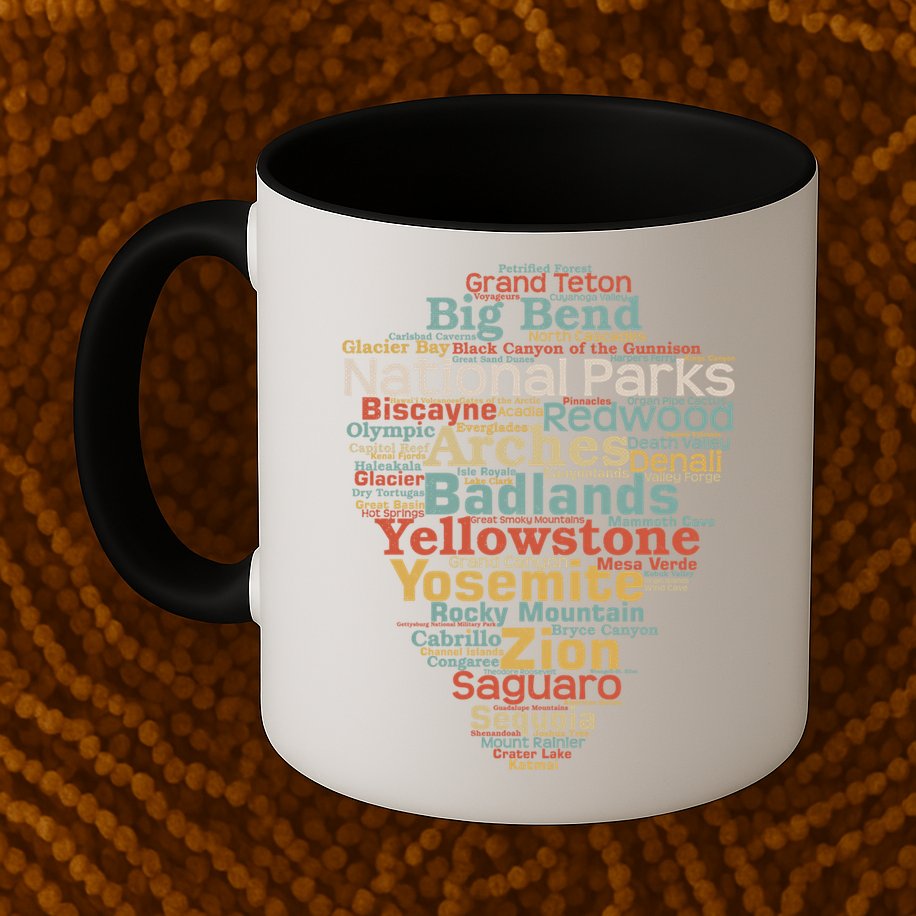 National Parks List Word Cloud Camping Hiking Gift Mug