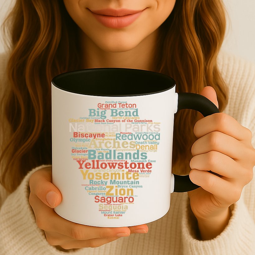 National Parks List Word Cloud Camping Hiking Gift Mug