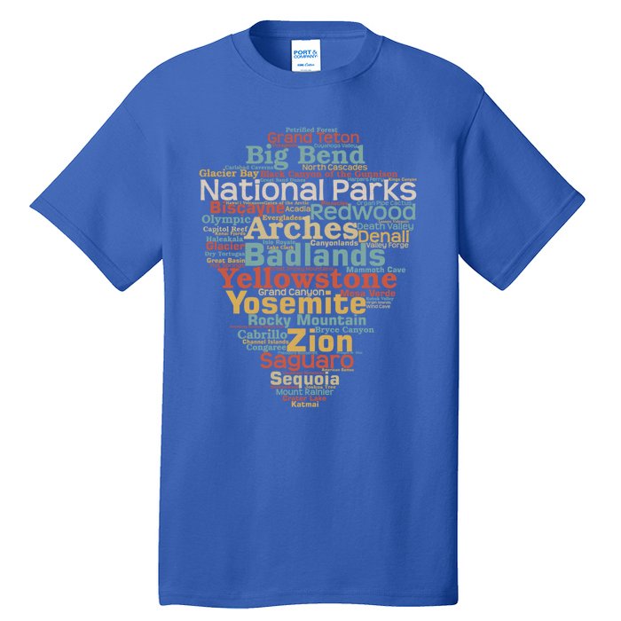 National Parks List Word Cloud Camping Hiking Gift Tall T-Shirt