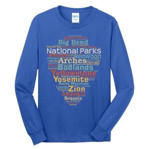 National Parks List Word Cloud Camping Hiking Gift Tall Long Sleeve T-Shirt