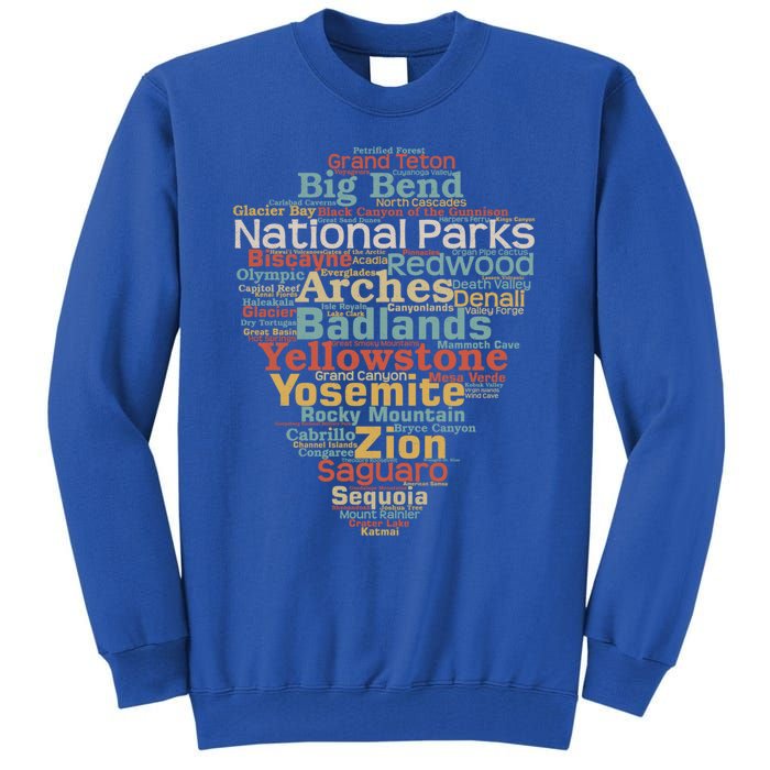 National Parks List Word Cloud Camping Hiking Gift Tall Sweatshirt