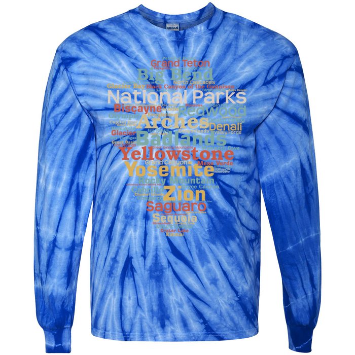 National Parks List Word Cloud Camping Hiking Gift Tie-Dye Long Sleeve Shirt