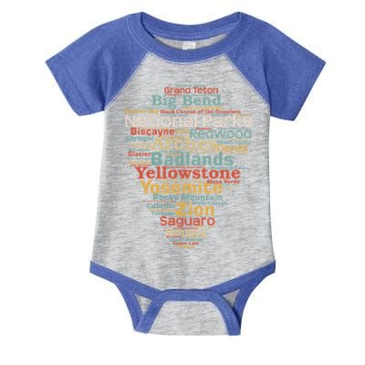 National Parks List Word Cloud Camping Hiking Gift Infant Baby Jersey Bodysuit