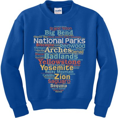 National Parks List Word Cloud Camping Hiking Gift Kids Sweatshirt