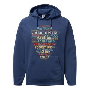 National Parks List Word Cloud Camping Hiking Gift Performance Fleece Hoodie