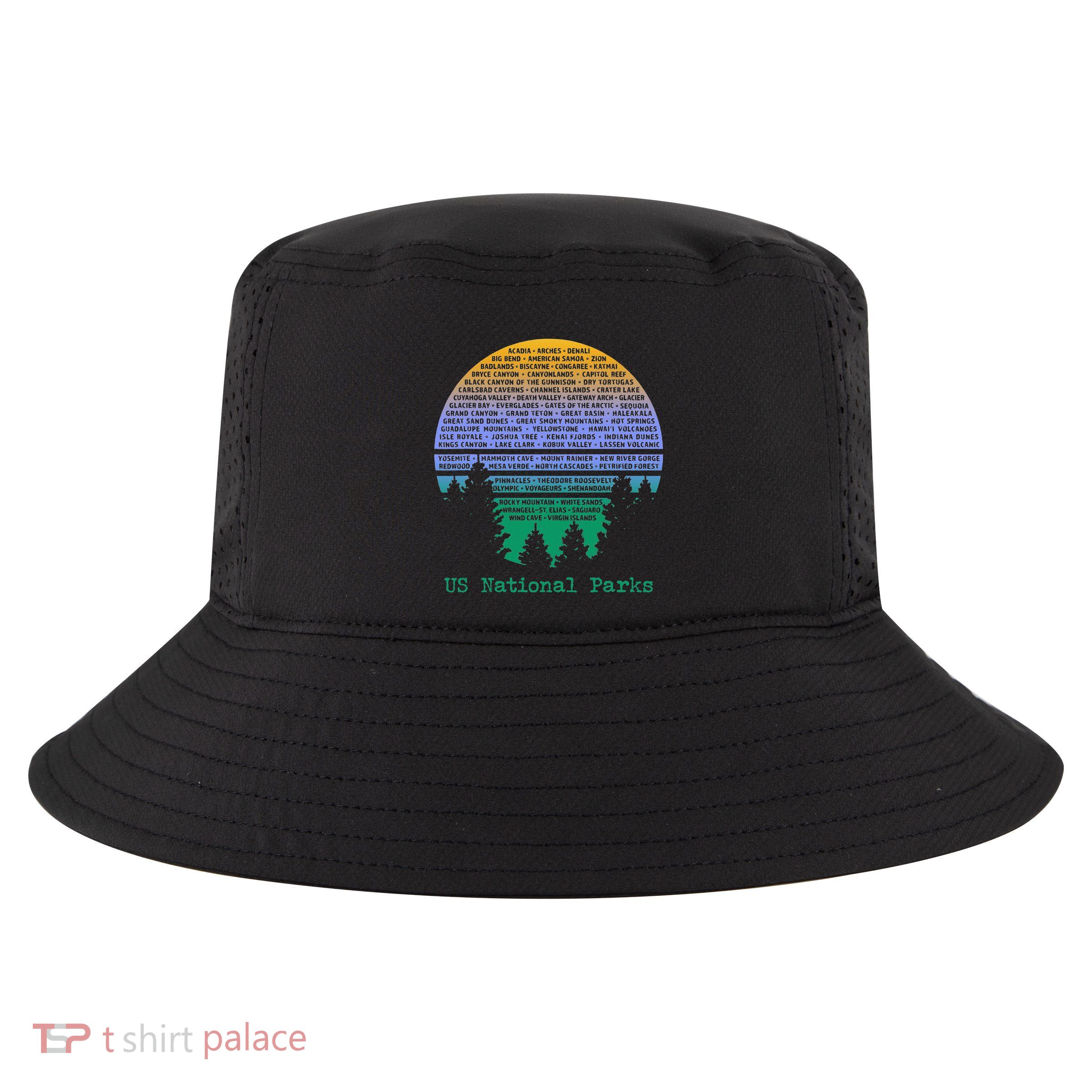 National Parks List Word Cloud Sunset Trees Cool Comfort Performance Bucket Hat