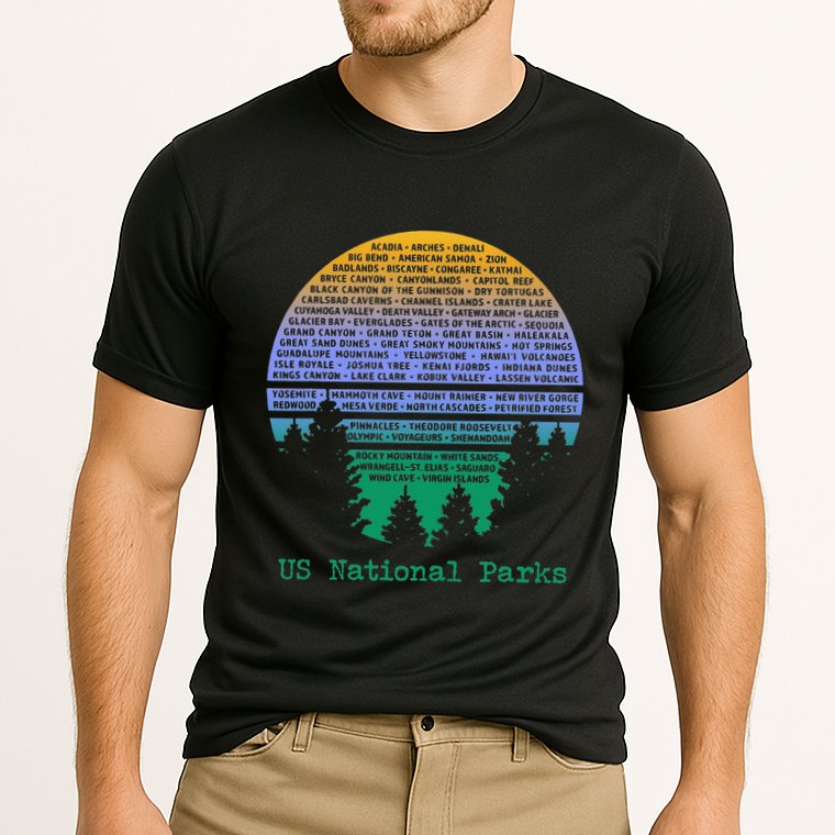 National Parks List Word Cloud Sunset Trees Performance Shirt