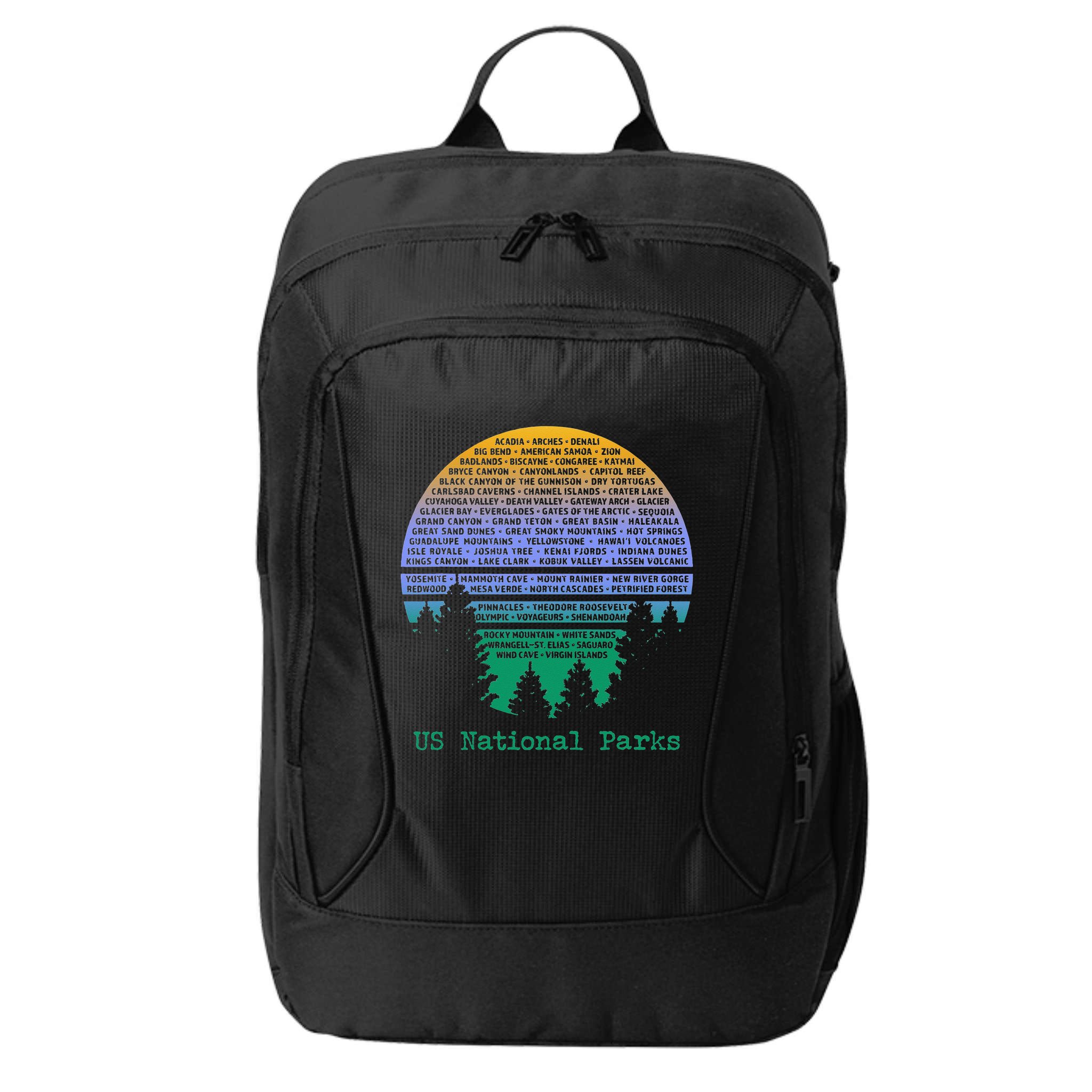 National Parks List Word Cloud Sunset Trees City Backpack