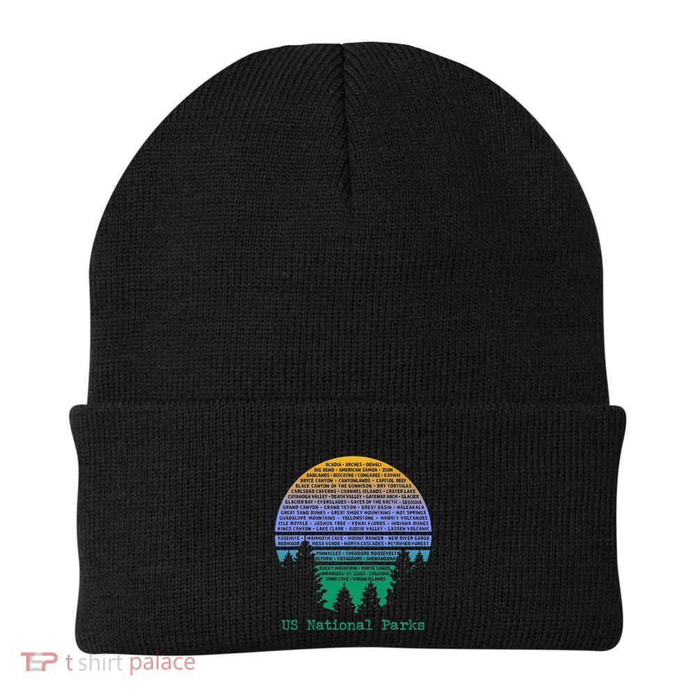 National Parks List Word Cloud Sunset Trees Beanie