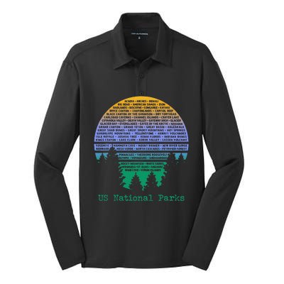 National Parks List Word Cloud Sunset Trees Silk Touch Performance Long Sleeve Polo