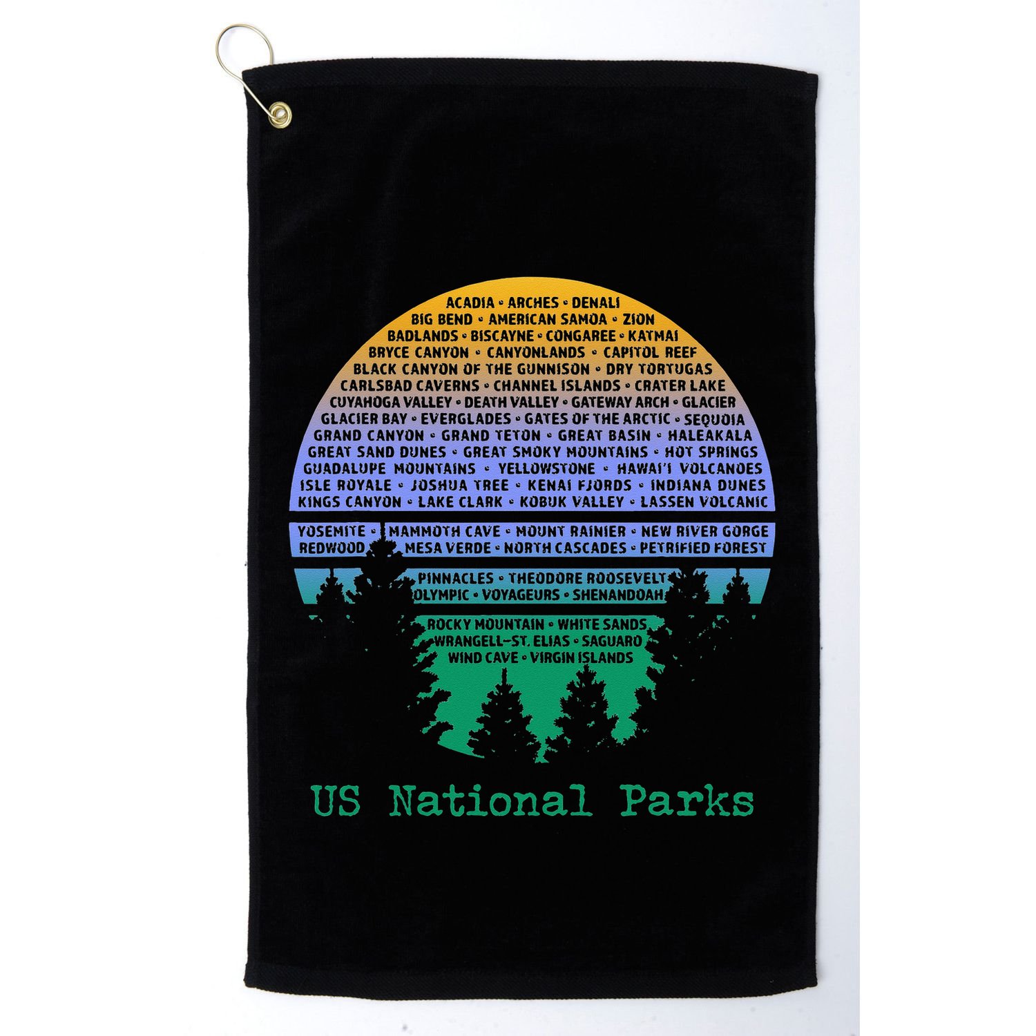 National Parks List Word Cloud Sunset Trees Golf Towel