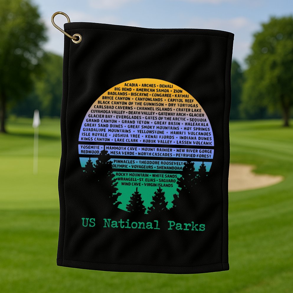 National Parks List Word Cloud Sunset Trees Golf Towel