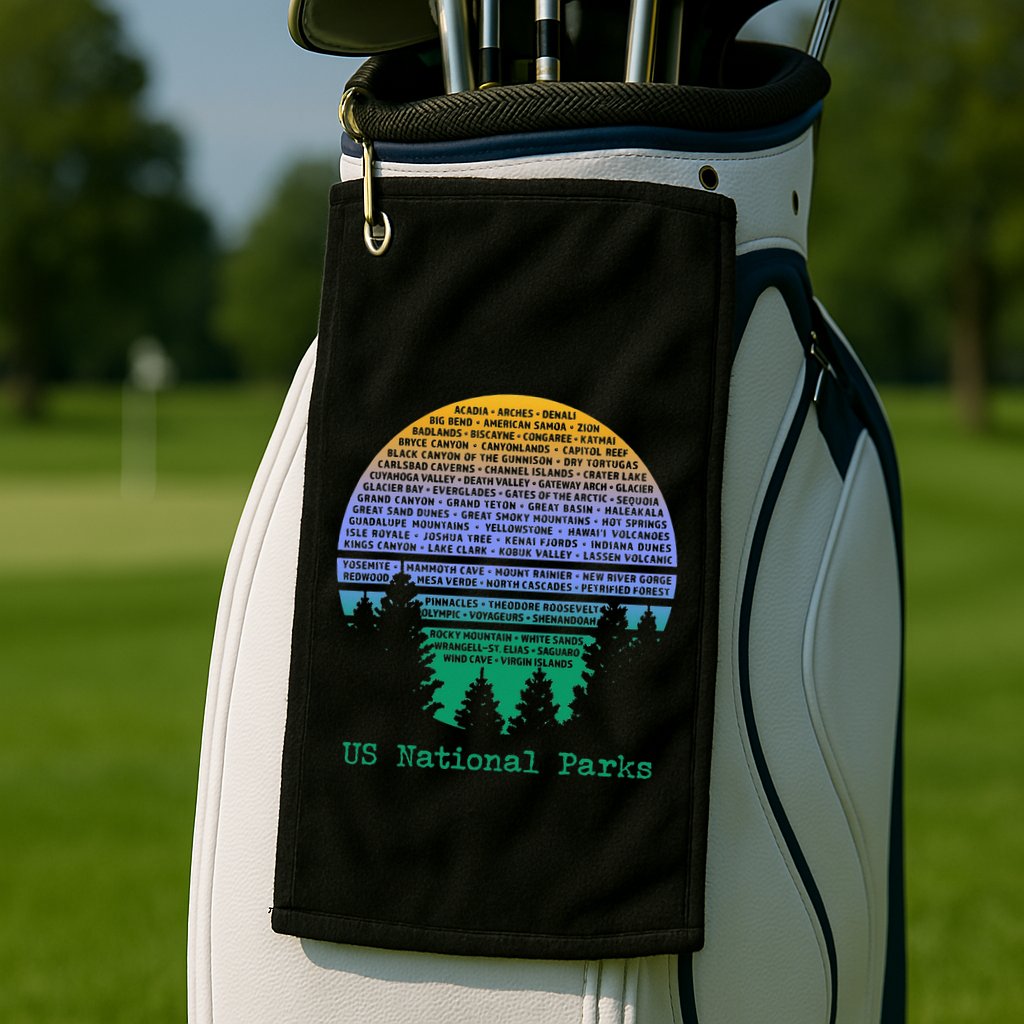 National Parks List Word Cloud Sunset Trees Golf Towel