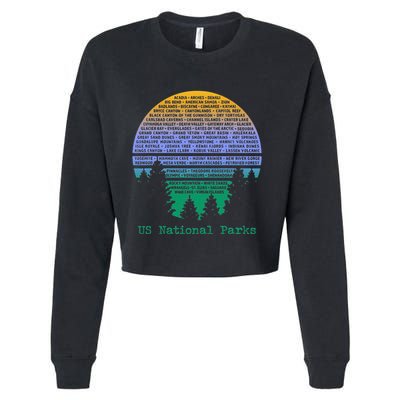 National Parks List Word Cloud Sunset Trees Cropped Pullover Crew