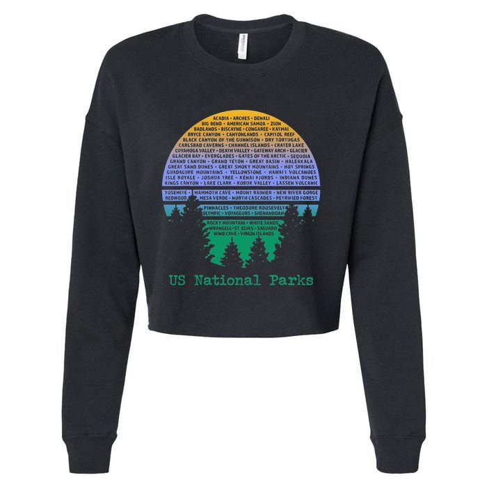 National Parks List Word Cloud Sunset Trees Cropped Pullover Crew