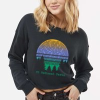 National Parks List Word Cloud Sunset Trees Cropped Pullover Crew