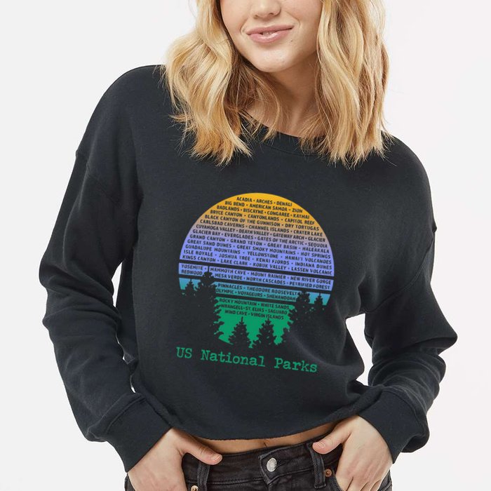 National Parks List Word Cloud Sunset Trees Cropped Pullover Crew