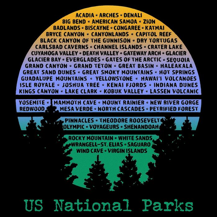 National Parks List Word Cloud Sunset Trees Cropped Pullover Crew