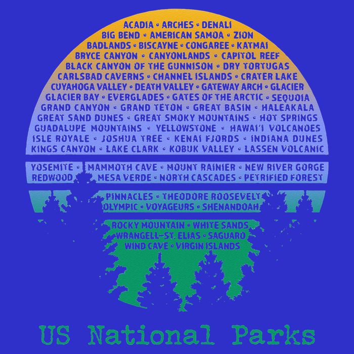 National Parks List Word Cloud Sunset Trees Button