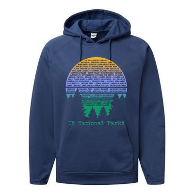 National Parks List Word Cloud Sunset Trees Performance Fleece Hoodie