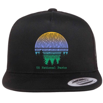 National Parks List Word Cloud Sunset Trees Flat Bill Trucker Hat