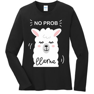 No Prob Llama Cute Funny No Drama Alpaca Lammacorn Ladies Long Sleeve Shirt