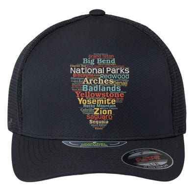 National Parks List Word Cloud Camping Hiking Women Flexfit Unipanel Trucker Cap