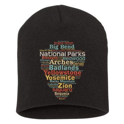 National Parks List Word Cloud Camping Hiking Women Short Acrylic Beanie