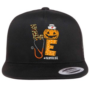 Nurse Pumpkin Leopard Print Festive Fall & Thanksgiving Decor Flat Bill Trucker Hat