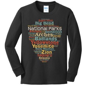 National Parks List Word Cloud Camping Hiking Kids Long Sleeve Shirt