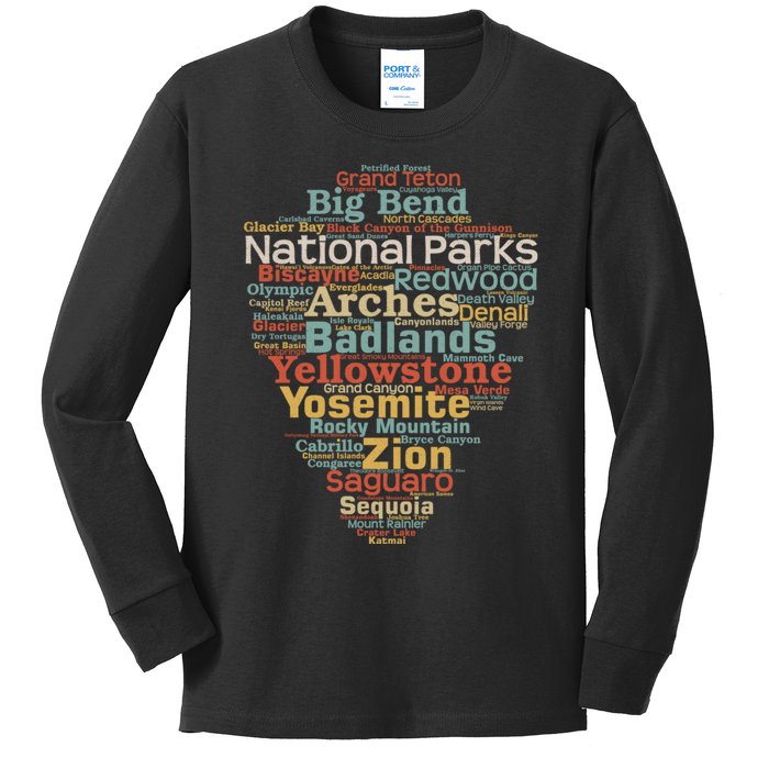 National Parks List Word Cloud Camping Hiking Kids Long Sleeve Shirt