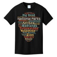 National Parks List Word Cloud Camping Hiking Kids T-Shirt