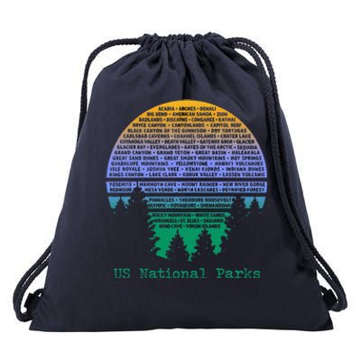 National Parks List Word Cloud Sunset Trees Drawstring Bag