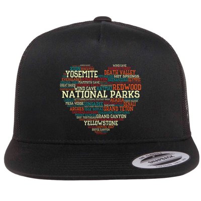 National Parks List Word Cloud Heart Camping Flat Bill Trucker Hat