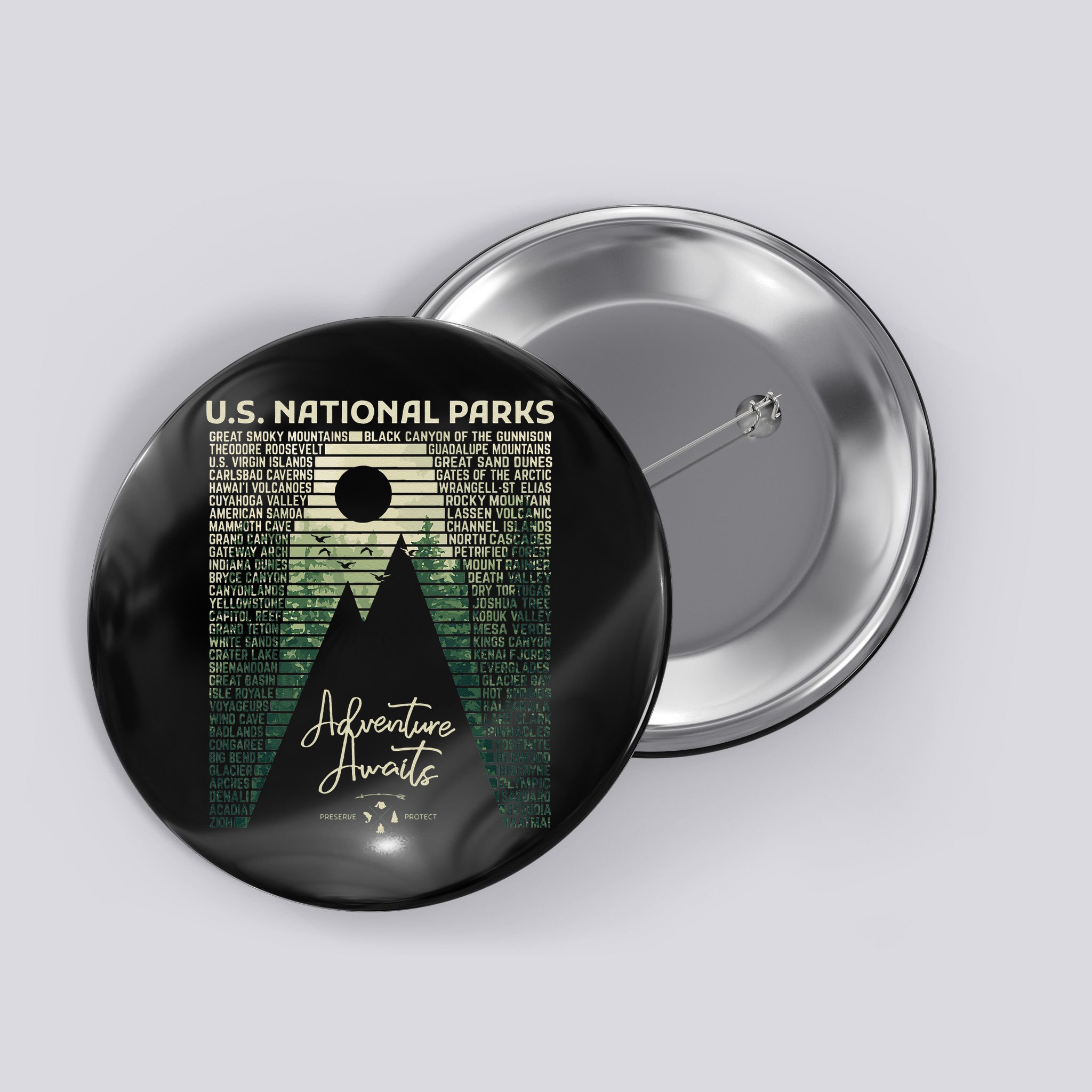 National Parks List US Park Vintage Camping Hiking Men Women Button