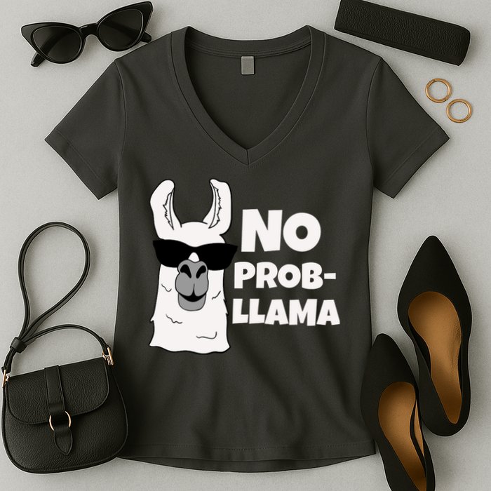 No Probllama Llama Problem Funny Women's V-Neck T-Shirt