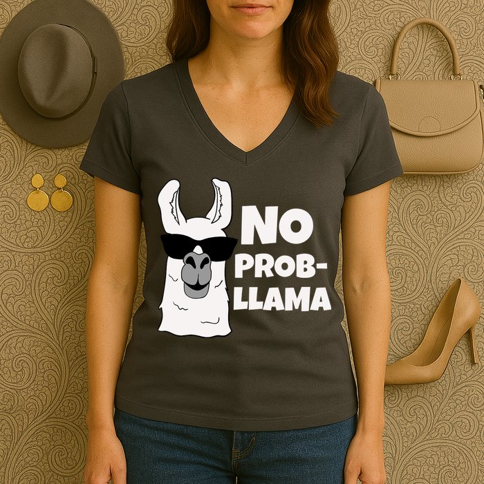 No Probllama Llama Problem Funny Women's V-Neck T-Shirt