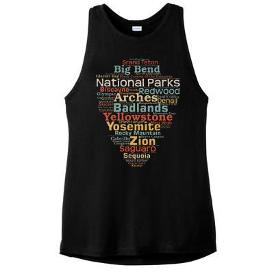 National Parks List Us Word Cloud Art Camping Hiking Ladies PosiCharge Tri-Blend Wicking Tank