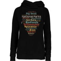 National Parks List Us Word Cloud Art Camping Hiking Womens Funnel Neck Pullover Hood