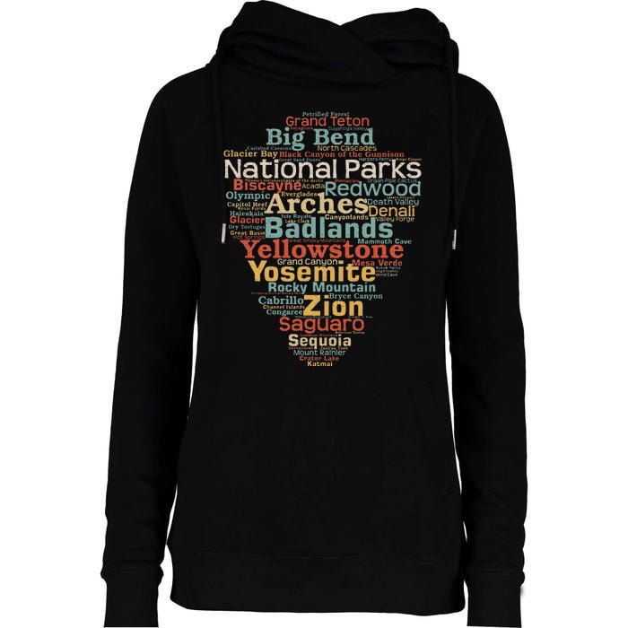 National Parks List Us Word Cloud Art Camping Hiking Womens Funnel Neck Pullover Hood