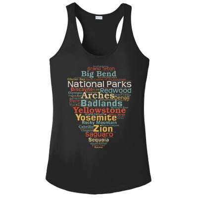 National Parks List Us Word Cloud Art Camping Hiking Ladies PosiCharge Competitor Racerback Tank